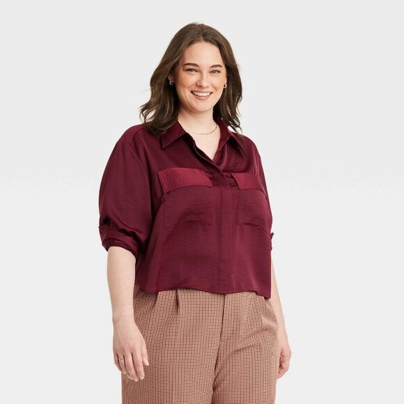 a new day Tops - XXL - Womens Relaxed Fit Long Sleeve Button-Down Shirt - A New Day - Burgundy